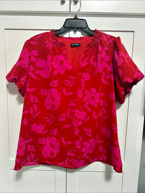 MASCOMODA Floral V-Neck Short Sleeve Blouse Pink & Red Size XI